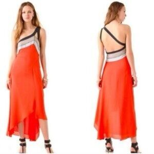 BCBGMaxAzria RunWay One-Shoulder Orange and Black Dress